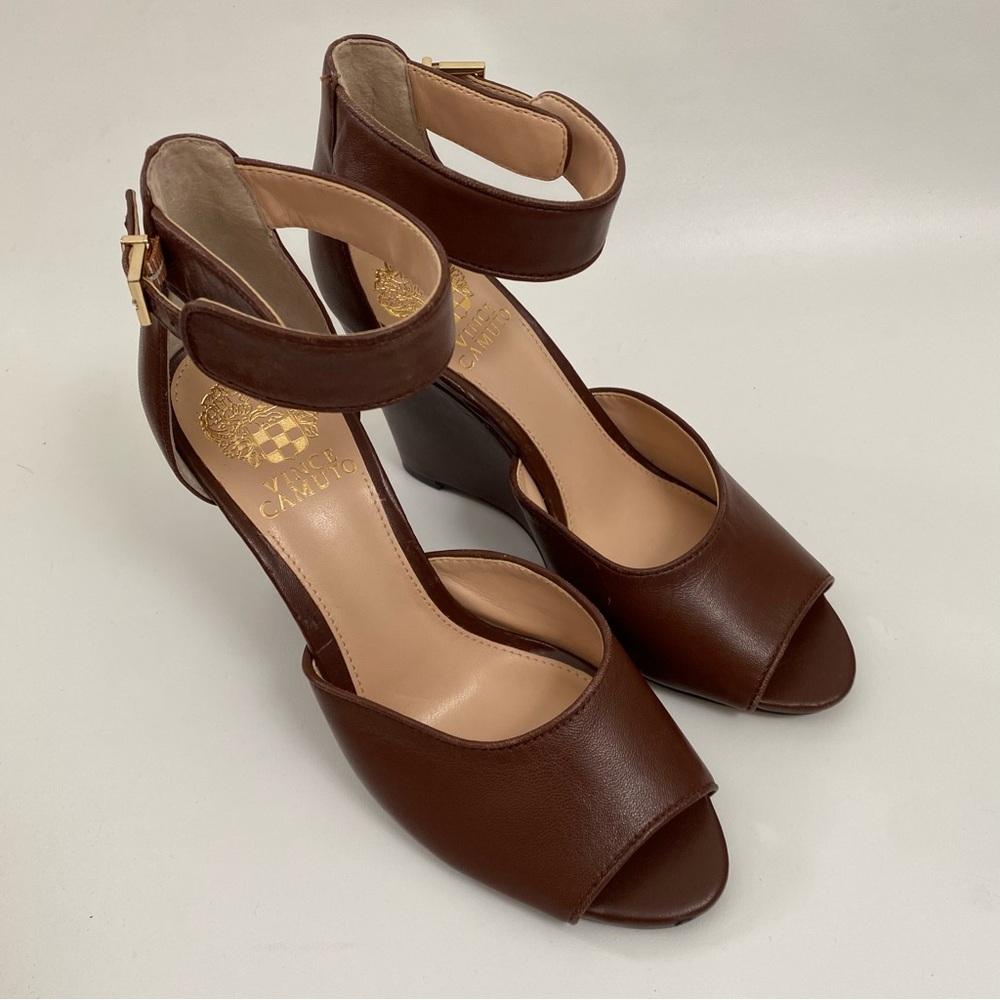 Vince Camuto Peep Toe Wedge Ankle Strap Size 7 Brown Heeled Sandals Women’s - Picture 8 of 14
